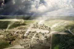 English Heritage reconstruction drawing of how the prehistoric village of Durrington Walls might have looked
